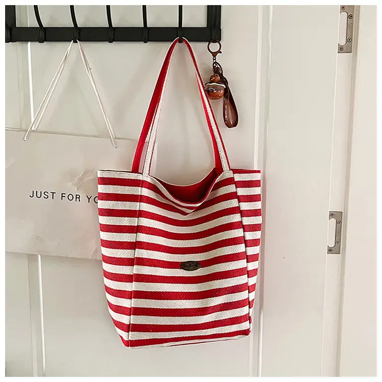 Red White Striped Canvas Tote Bag for Women — feature 38
