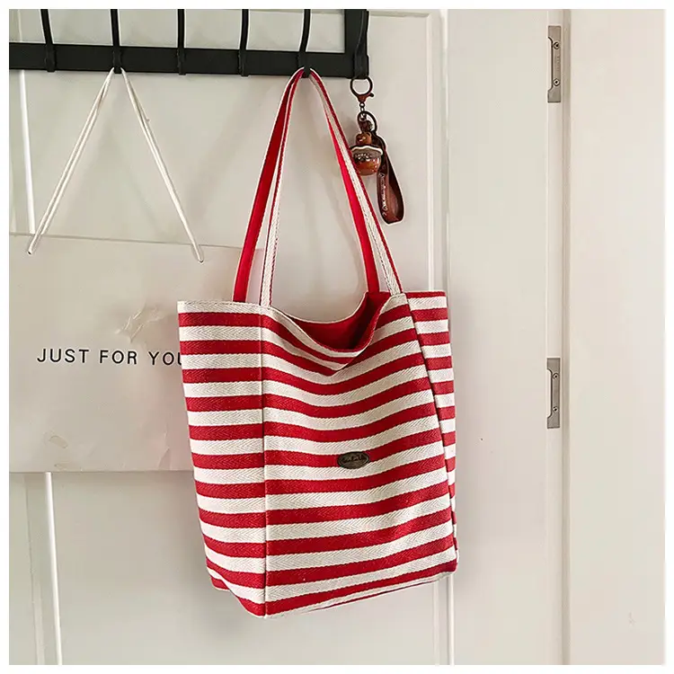 Red White Striped Canvas Tote Bag for Women — feature 39