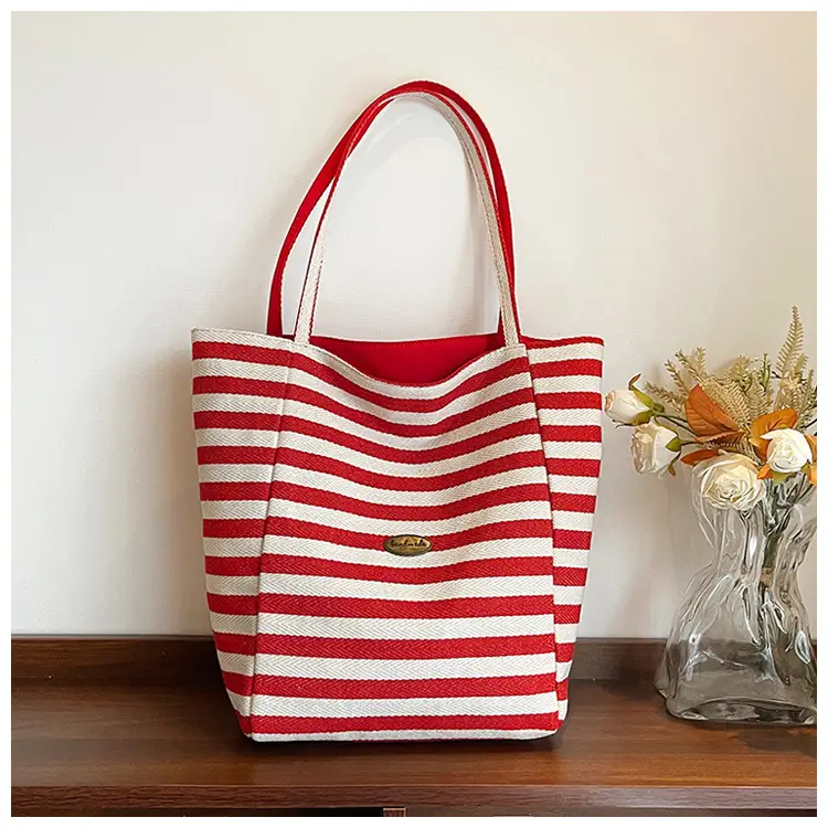 Red White Striped Canvas Tote Bag for Women — feature 44