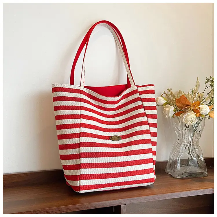 Red White Striped Canvas Tote Bag for Women — feature 45