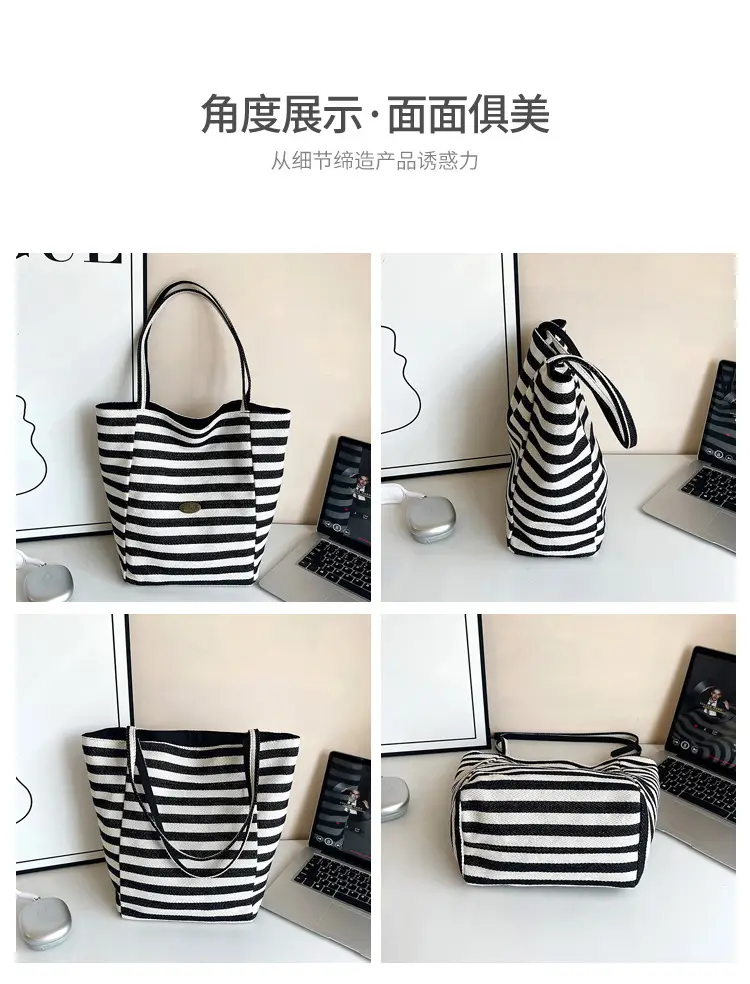 Red White Striped Canvas Tote Bag for Women — feature 6