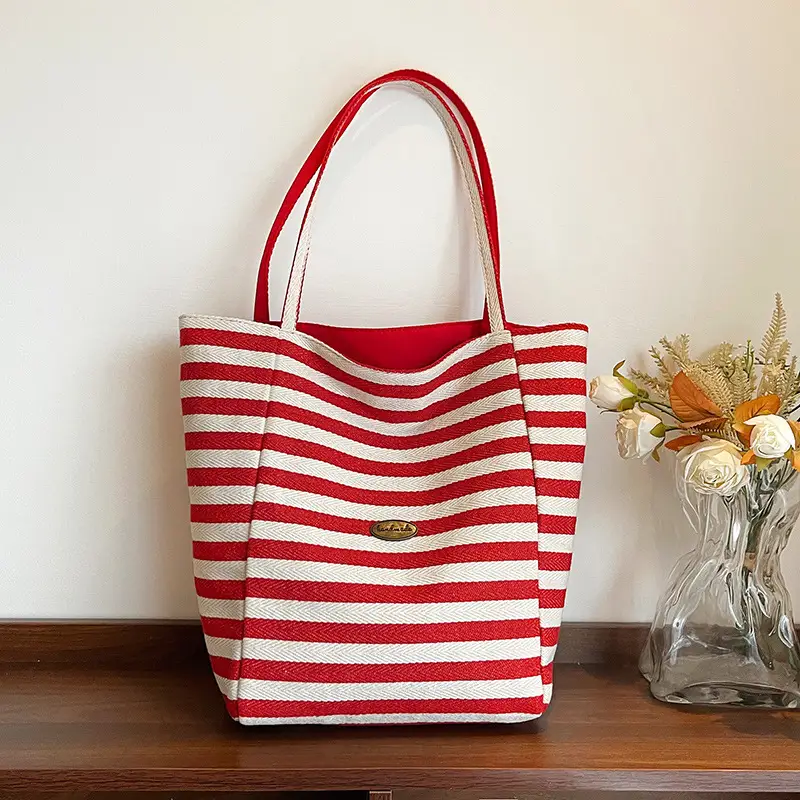 Red White Striped Canvas Tote Bag for Women - Image 3