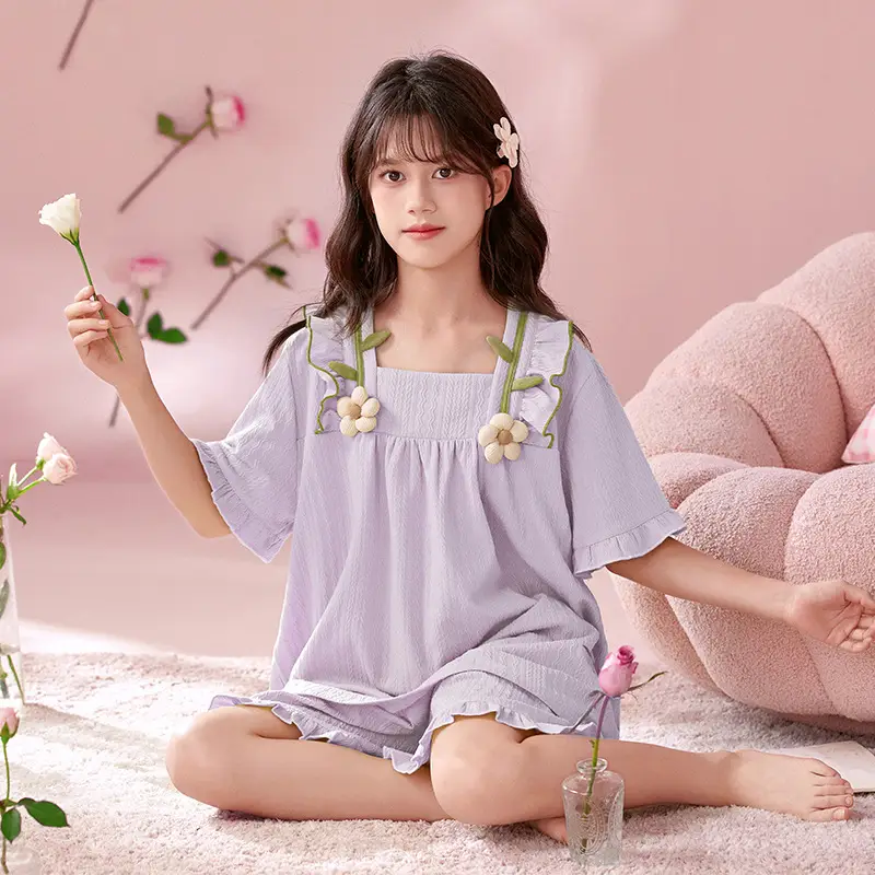 Girls' Pajamas Summer 2025 New Style Cotton Thin Short-sleeved Big Boy Girls' Flower Princess Style Home Clothes suit