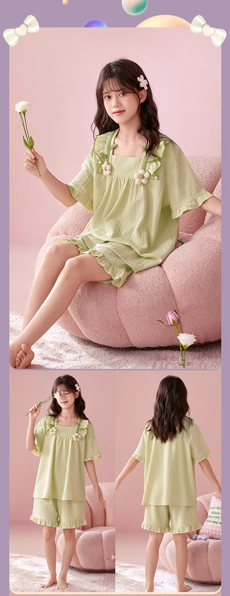 Girls' Pajamas Summer 2025 New Style Cotton Thin Short-sleeved Big Boy Girls' Flower Princess Style Home Clothes suit — feature 11