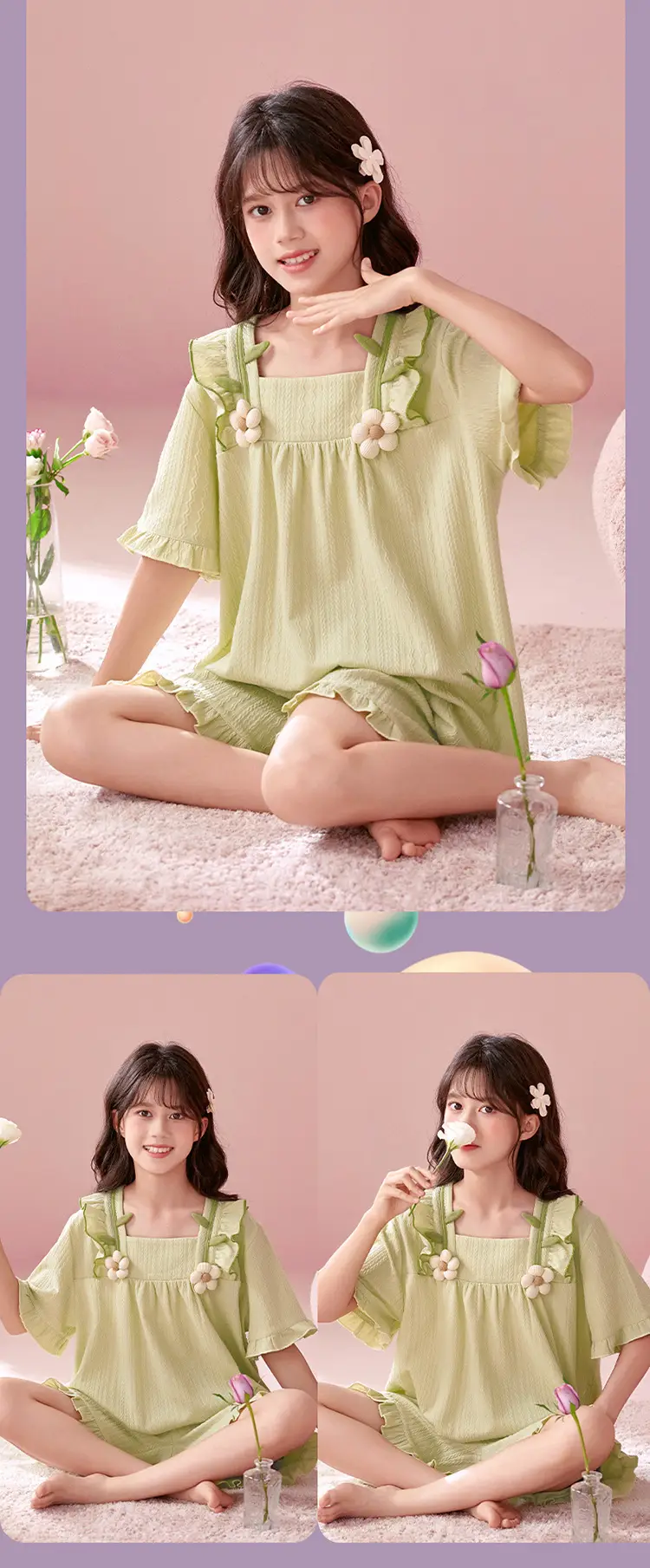 Girls' Pajamas Summer 2025 New Style Cotton Thin Short-sleeved Big Boy Girls' Flower Princess Style Home Clothes suit — feature 12