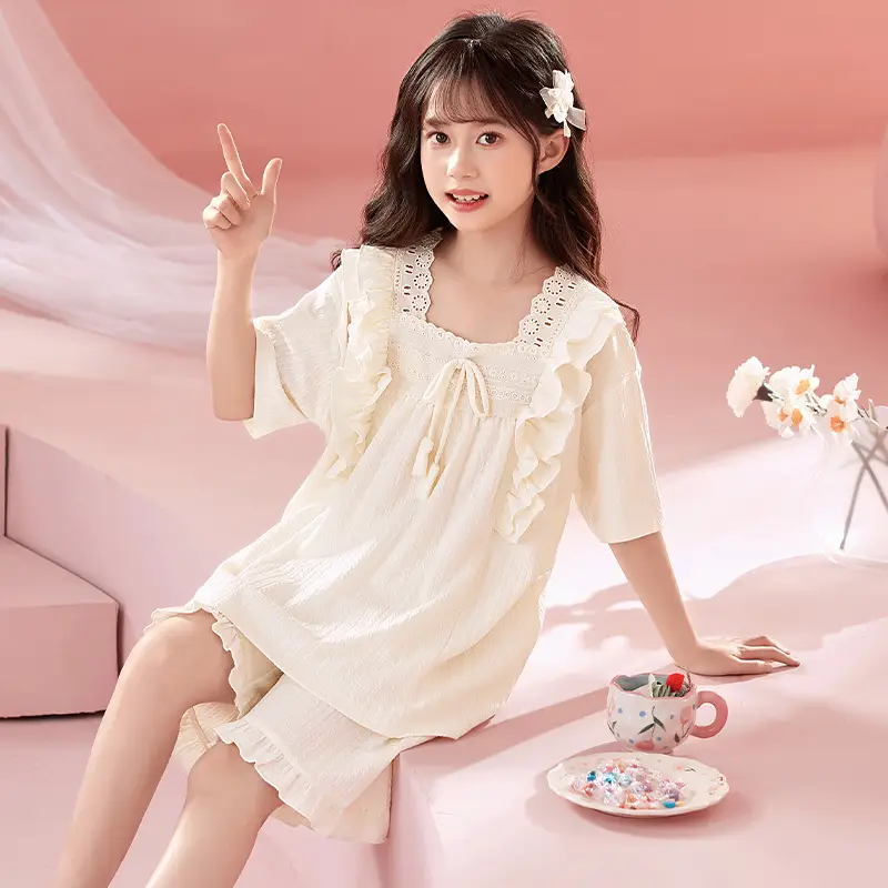 Girls' Pajamas Summer 2025 New Style Cotton Thin Short-sleeved Big Boy Girls' Flower Princess Style Home Clothes suit