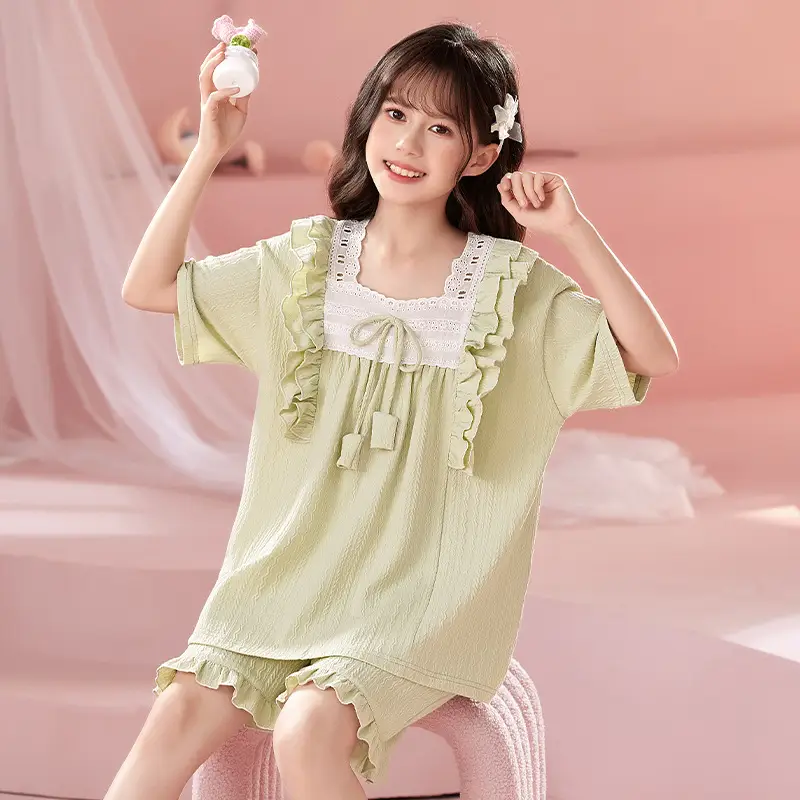 Girls' Pajamas Summer 2025 New Style Cotton Thin Short-sleeved Big Boy Girls' Flower Princess Style Home Clothes suit