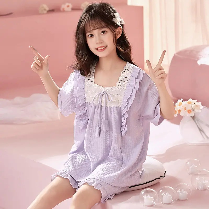Girls' Pajamas Summer 2025 New Style Cotton Thin Short-sleeved Big Boy Girls' Flower Princess Style Home Clothes suit