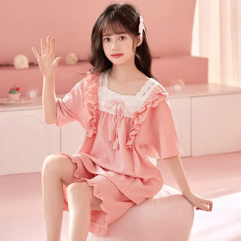 Girls' Pajamas Summer 2025 New Style Cotton Thin Short-sleeved Big Boy Girls' Flower Princess Style Home Clothes suit