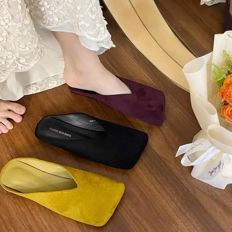 French-Style Casual Closed-Toe Half-Slippers for Women, 2026 New Model, Flat-Soled Niche Square-Toe Velvet Soft-Soled Mules - Image 2