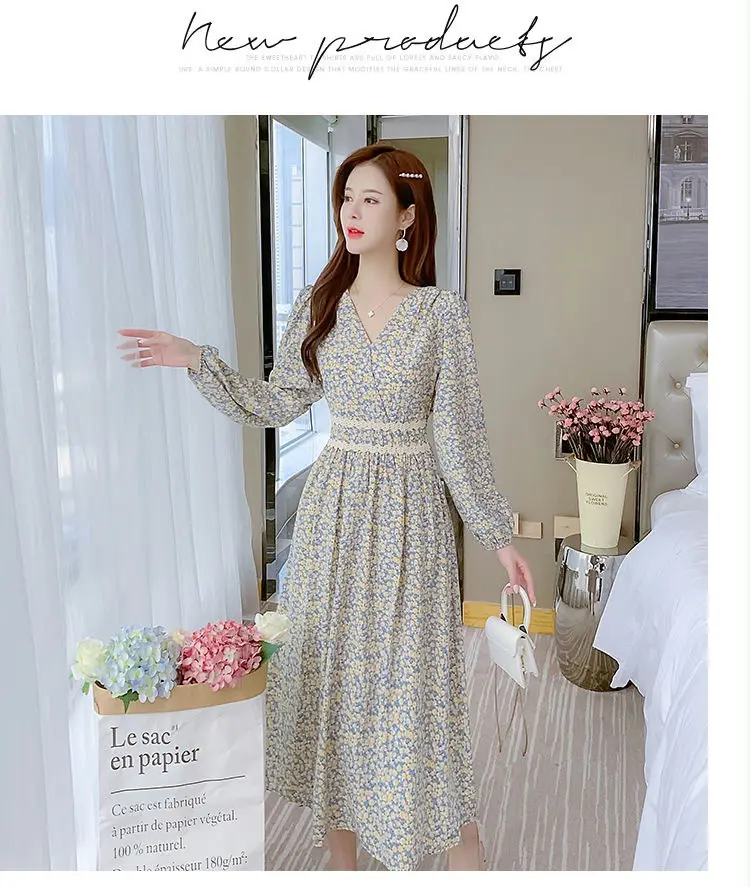Foreign trade, please look at the real floral dress women's spring and autumn new French v collar waist before placing an order — feature 14