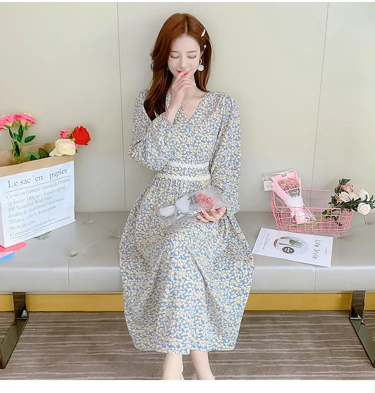Foreign trade, please look at the real floral dress women's spring and autumn new French v collar waist before placing an order — feature 15