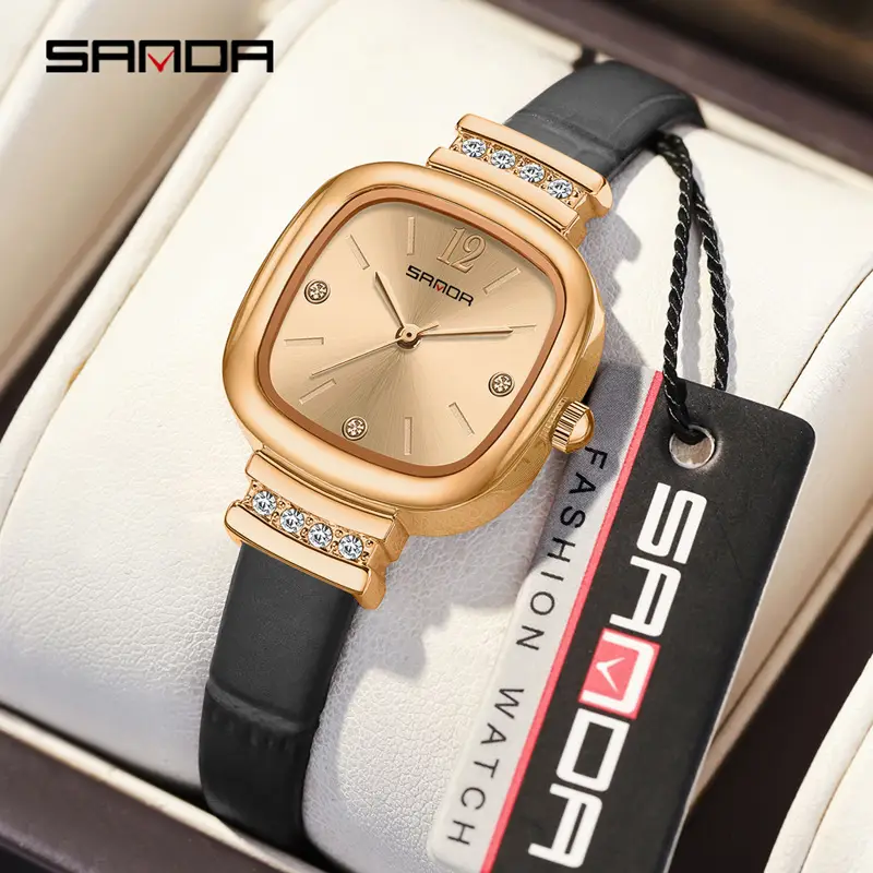 Sanda Women's Square Sugar Watch Waterproof Quartz Black Strap