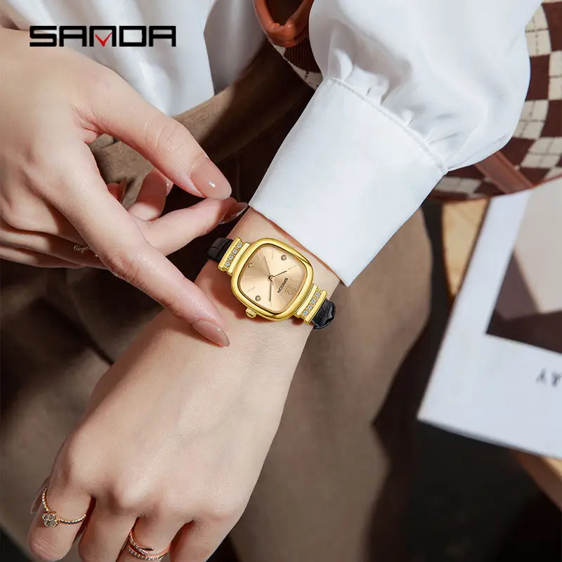 Sanda Women's Square Sugar Watch Waterproof Quartz Black Strap