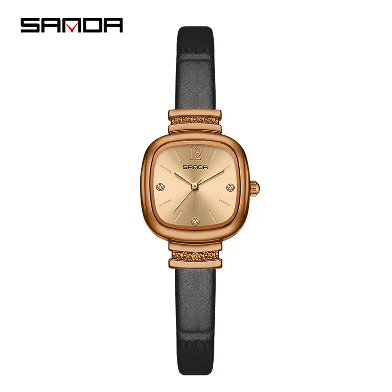 Sanda Women's Square Sugar Watch Waterproof Quartz Black Strap