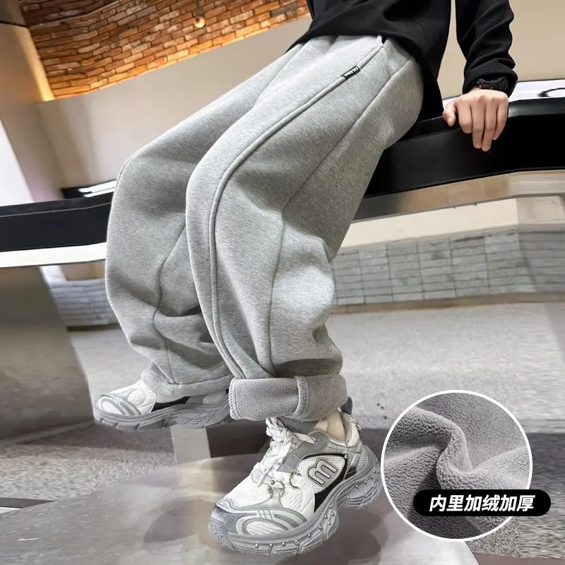 Boys' Winter Fleece-lined Pants One-piece Fleece Autumn and Winter 2024 New Children's Sports Pants Large Children's Thin Fleece Sweatpants