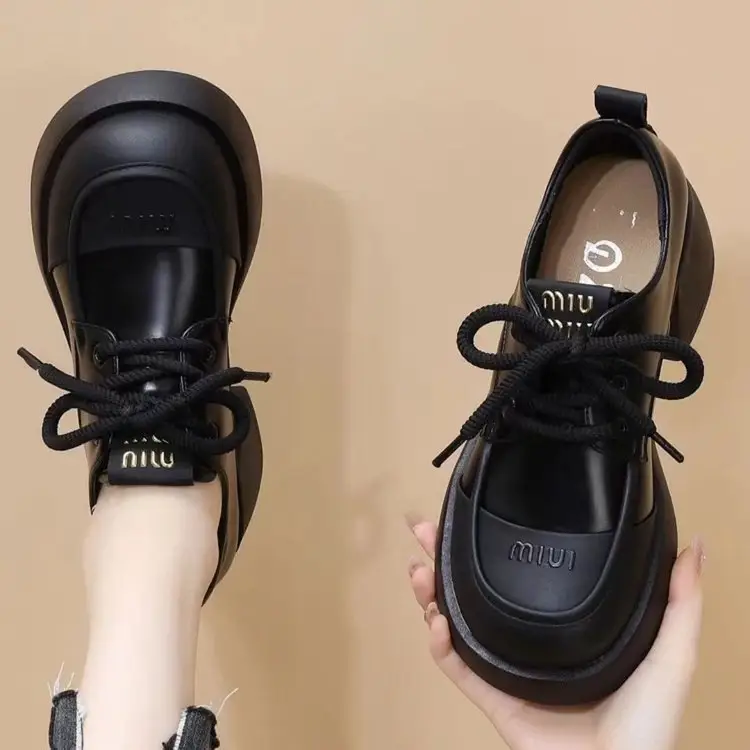 Soft Leather British-style Small Leather Shoes Women's 2025 New Spring Black Fashionable All-match Lace-up Elevated Thick-soled Loafers