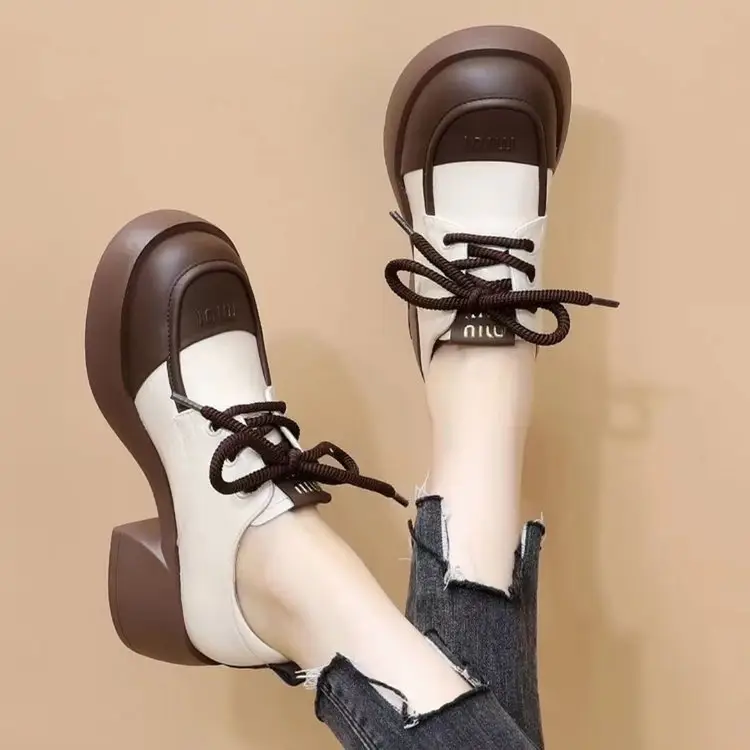 Soft Leather British-style Small Leather Shoes Women's 2025 New Spring Black Fashionable All-match Lace-up Elevated Thick-soled Loafers