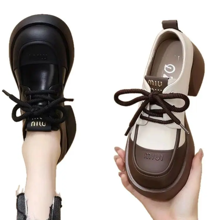 Soft Leather British-style Small Leather Shoes Women's 2025 New Spring Black Fashionable All-match Lace-up Elevated Thick-soled Loafers