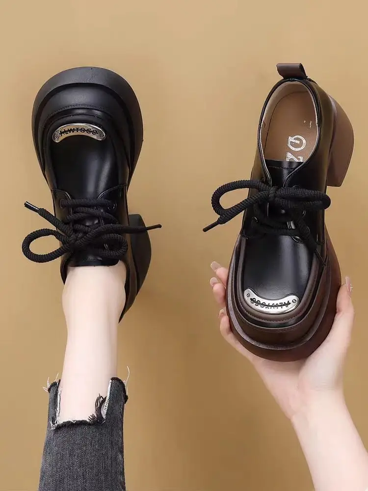 Soft Leather British-style Small Leather Shoes Women's 2025 New Spring Black Fashionable All-match Lace-up Elevated Thick-soled Loafers — feature 11