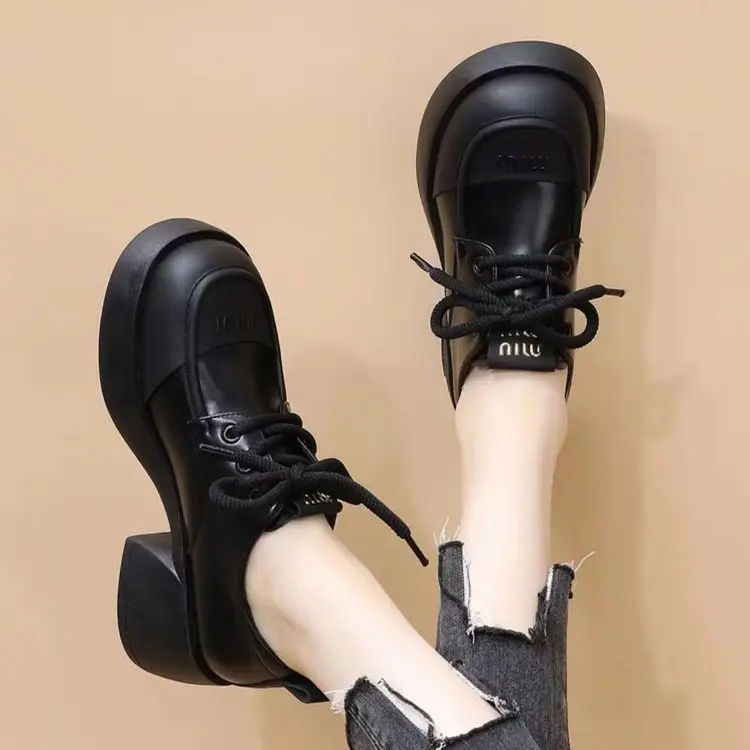 Soft Leather British-style Small Leather Shoes Women's 2025 New Spring Black Fashionable All-match Lace-up Elevated Thick-soled Loafers — feature 3