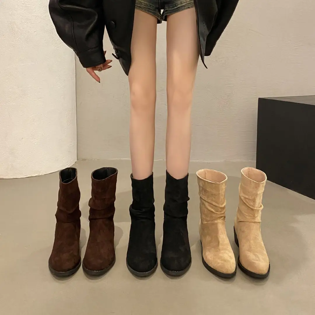 Pointed Korean Style Milk Tea apricot Boots Autumn Winter and Summer Women's New Short Boots Western Cowboy Boots Heap Boots Heap Boots