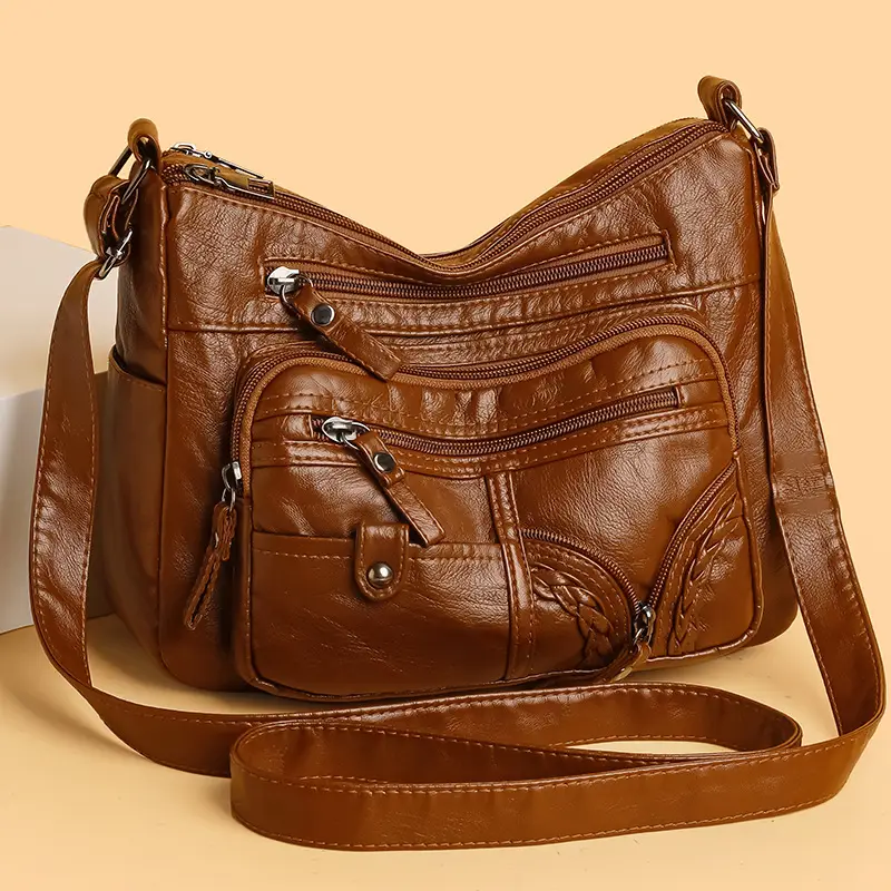 Brown PU Leather Crossbody Bag for Women Large Capacity - Image 5