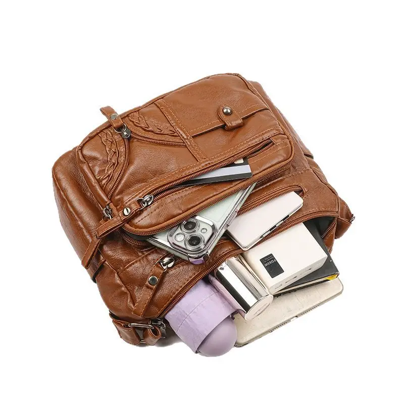 Brown PU Leather Crossbody Bag for Women Large Capacity - Image 9