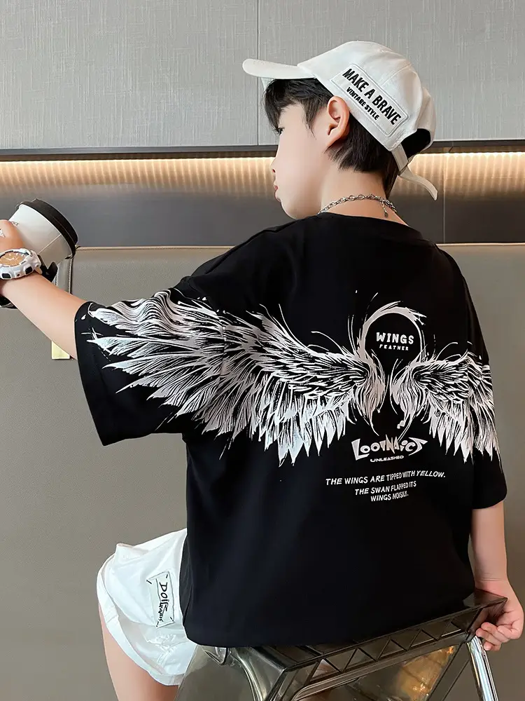 Kids Black Wings T-Shirt Short Sleeve Boys Summer Wear - Image 3