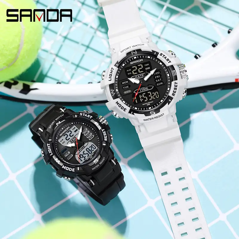 Sanda Dual-Display Sports Watch Green Silicone Men Women
