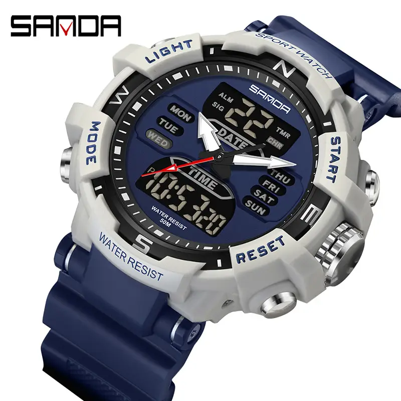 Sanda Dual-Display Sports Watch Green Silicone Men Women