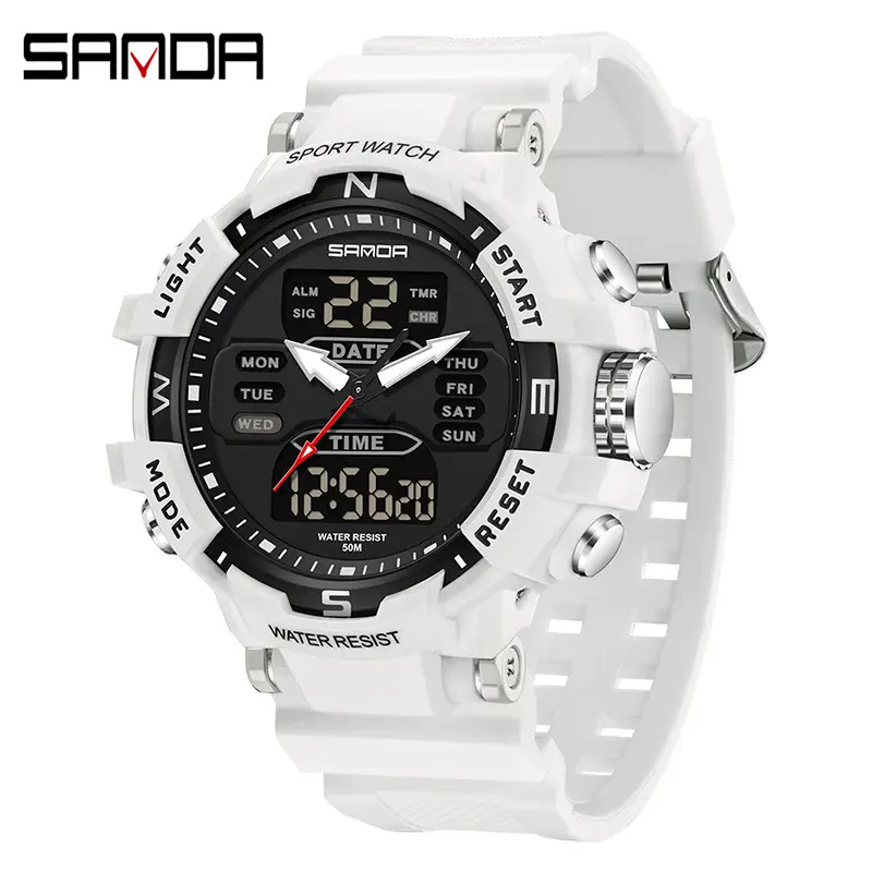Sanda Dual-Display Sports Watch Green Silicone Men Women