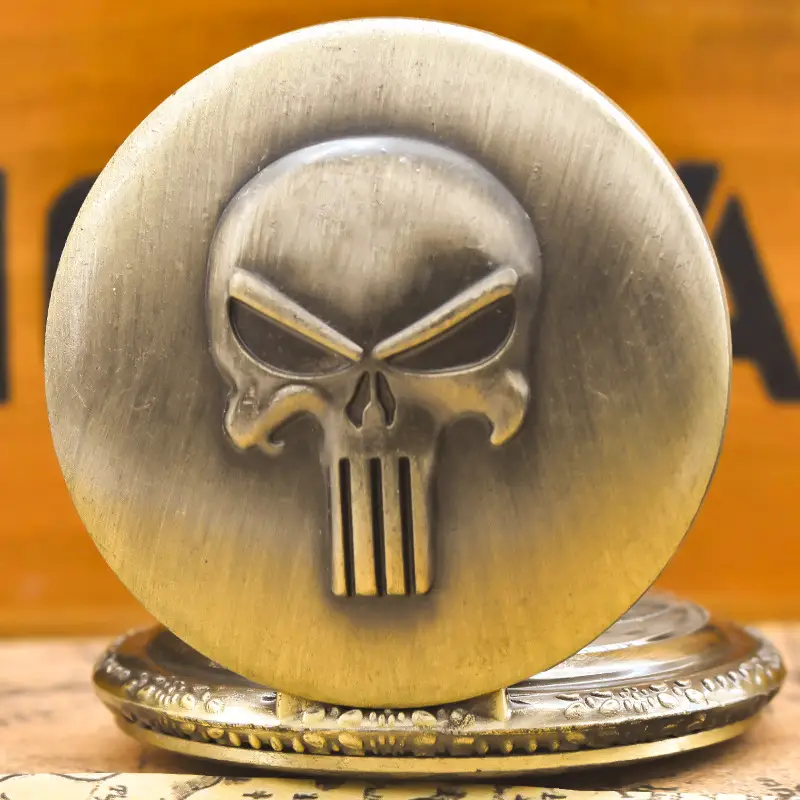 Large Thin Chain Personalized Skull Pocket Watch Bronze - Image 3