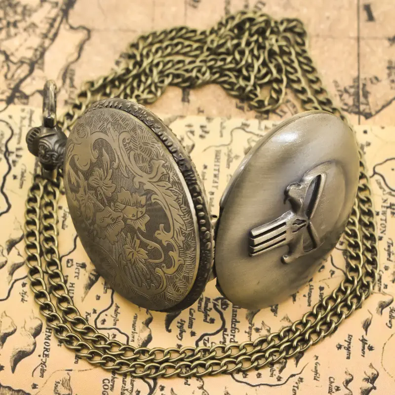 Large Thin Chain Personalized Skull Pocket Watch Bronze - Image 4