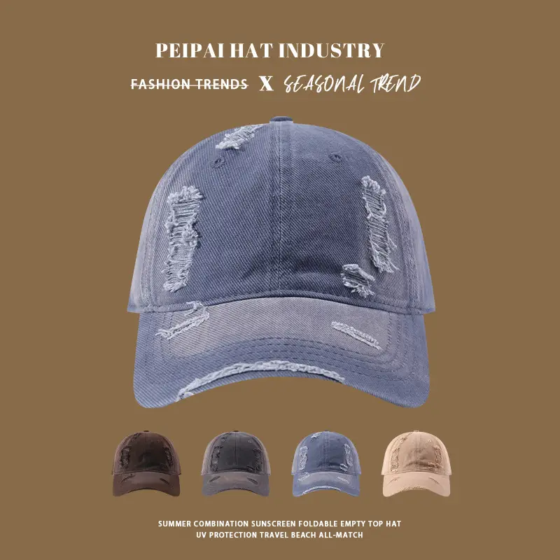 Pea Pihat Distressed Ripped Sunscreen Cap Men Women Washed Denim - Image 5