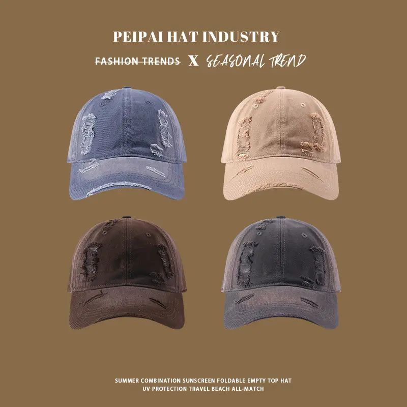 Pea Pihat Distressed Ripped Sunscreen Cap Men Women Washed Denim - Image 6