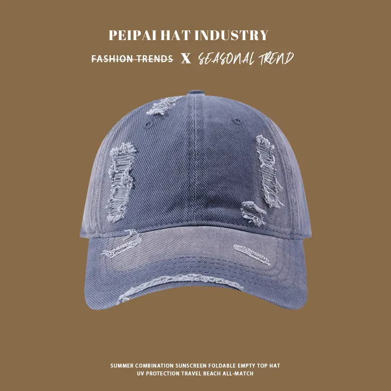 Pea Pihat Distressed Ripped Sunscreen Cap Men Women Washed Denim - Image 2