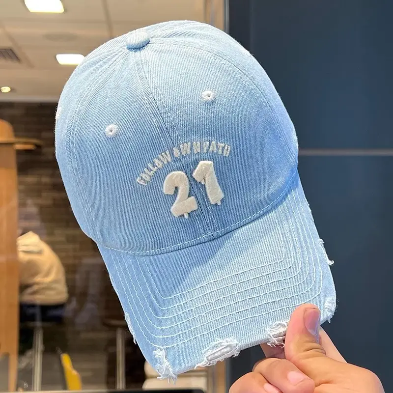 Women Denim Baseball Cap Wide Brim 21 White - Image 4