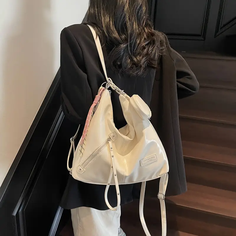 Women's Cream Leather Shoulder Tote Bag Large Capacity