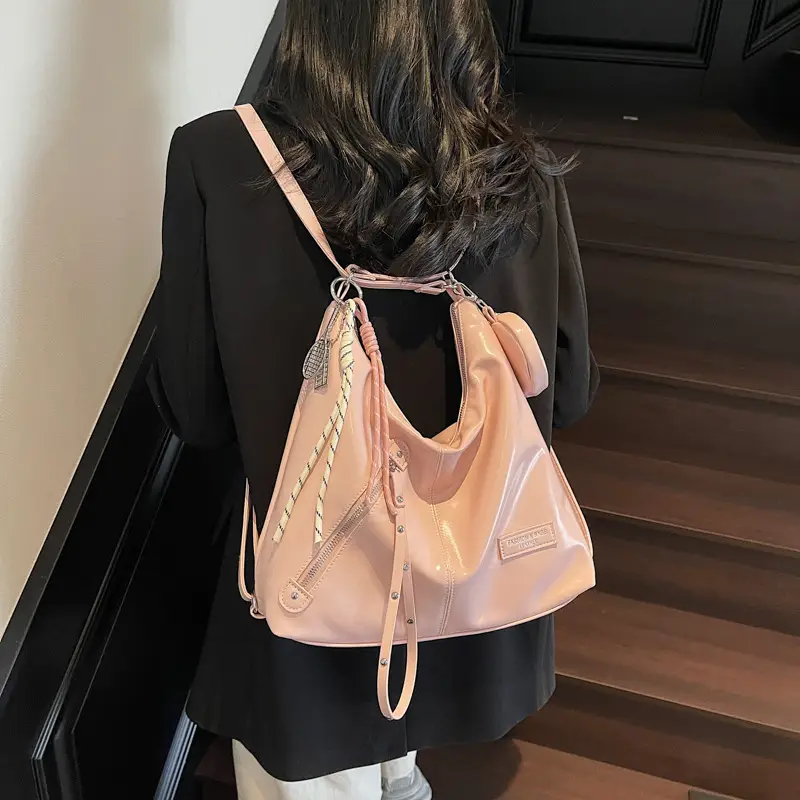 Women's Cream Leather Shoulder Tote Bag Large Capacity