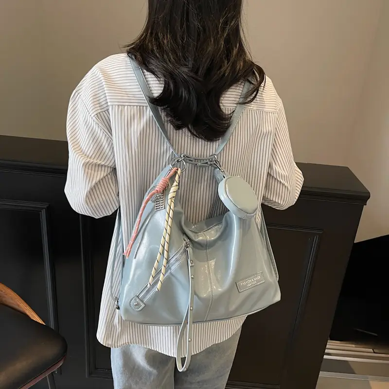 Women's Cream Leather Shoulder Tote Bag Large Capacity