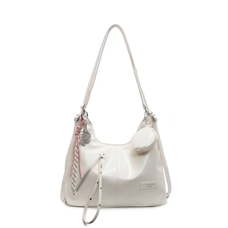 Women's Cream Leather Shoulder Tote Bag Large Capacity