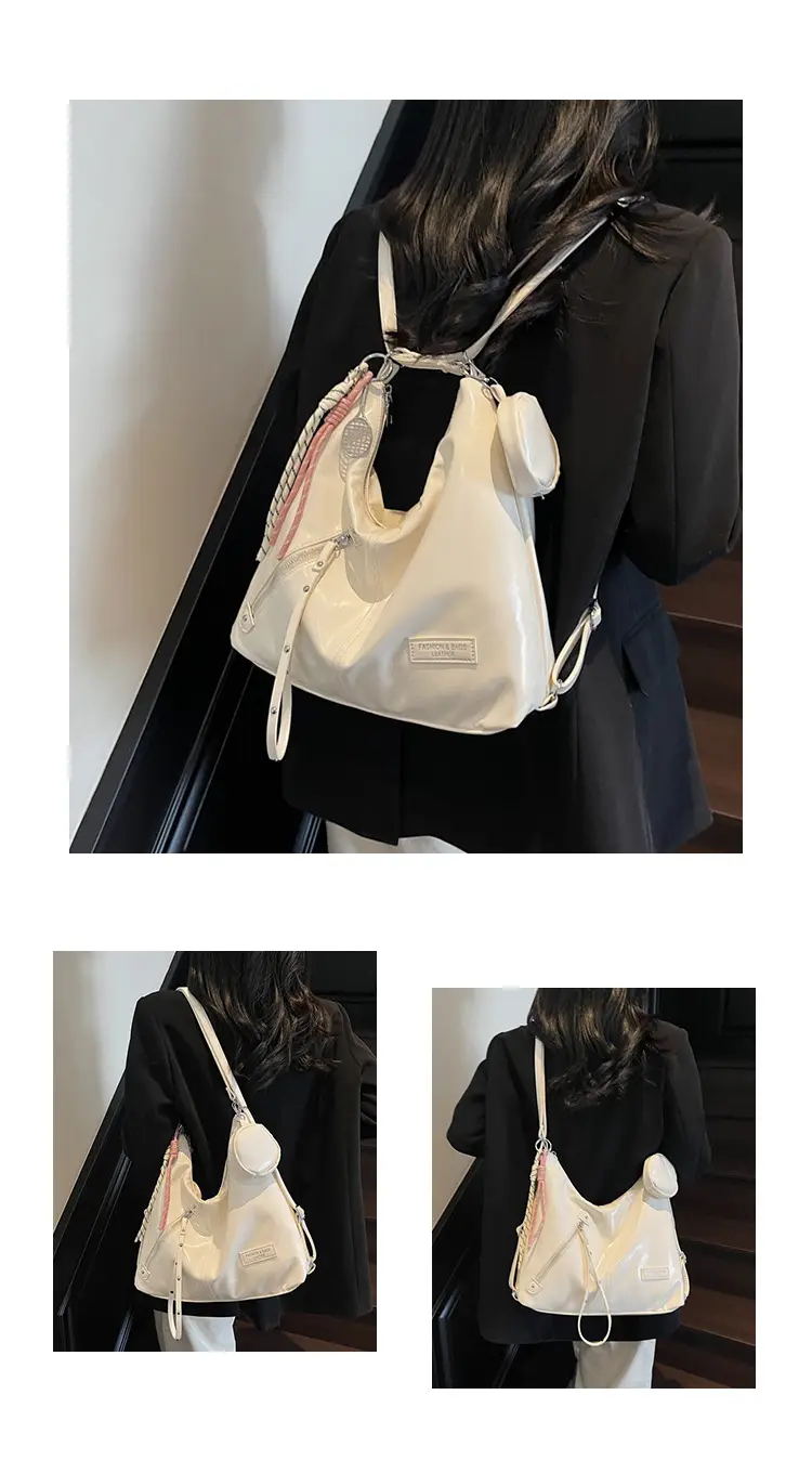 Women's Cream Leather Shoulder Tote Bag Large Capacity — feature 12