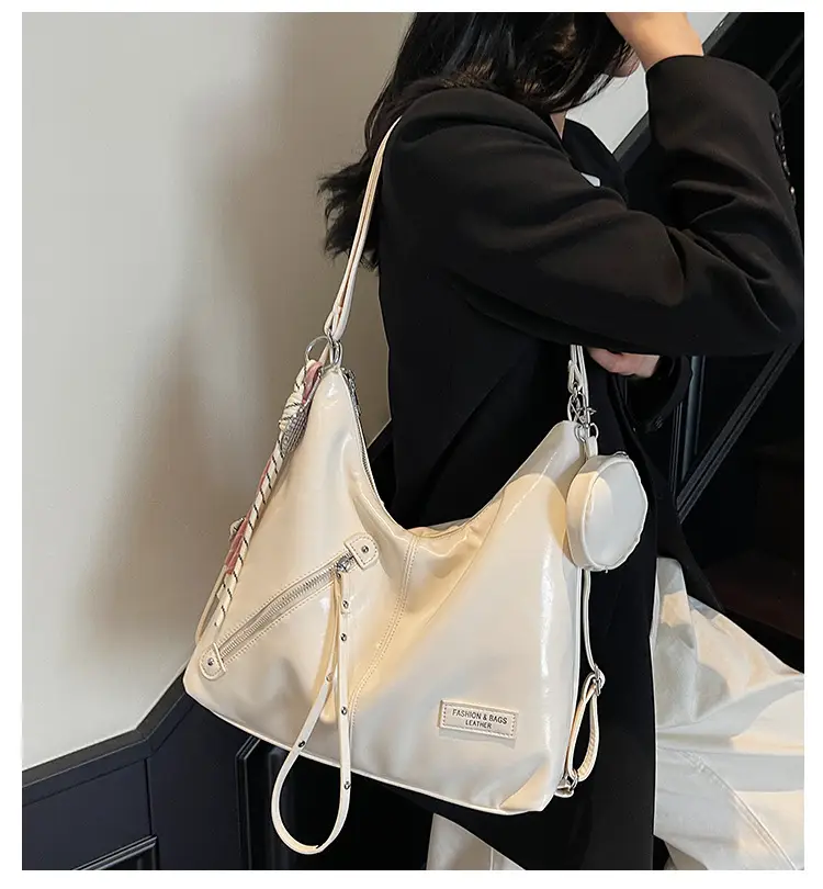Women's Cream Leather Shoulder Tote Bag Large Capacity — feature 2