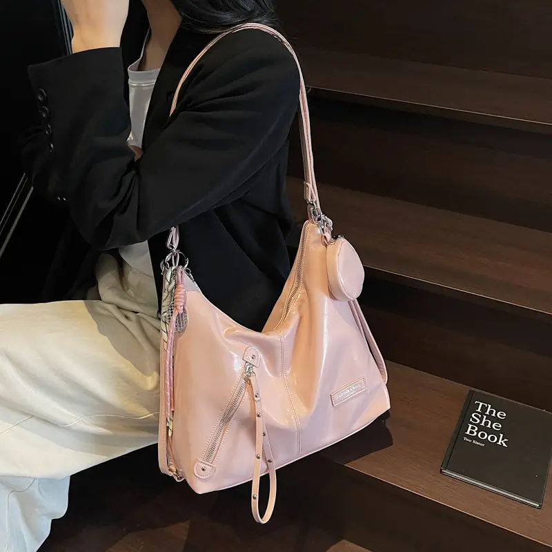 Women's Cream Leather Shoulder Tote Bag Large Capacity