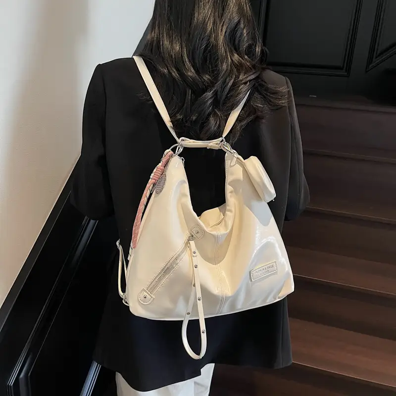 Women's Cream Leather Shoulder Tote Bag Large Capacity