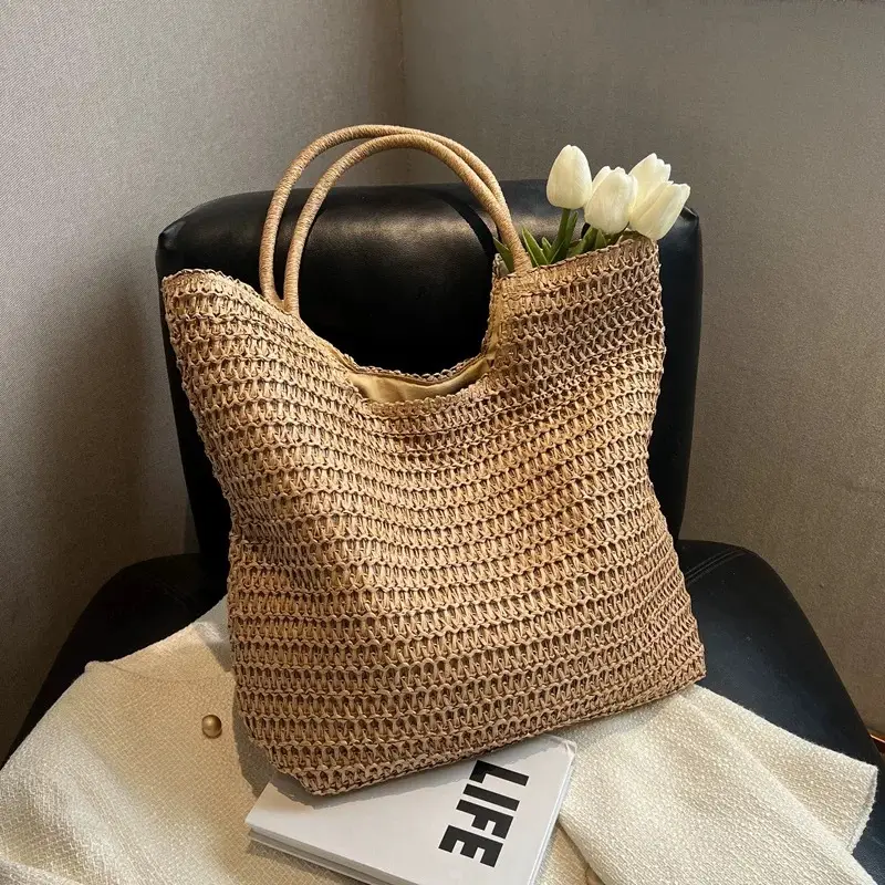 Women's Hand-Woven Straw Shoulder Tote Bag Large Capacity - Image 5