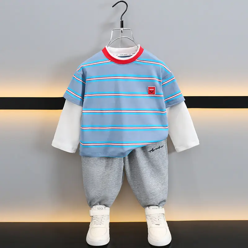 Boys Cotton Two Piece Striped T-Shirt Blue White