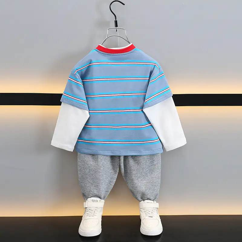 Boys Cotton Two Piece Striped T-Shirt Blue White