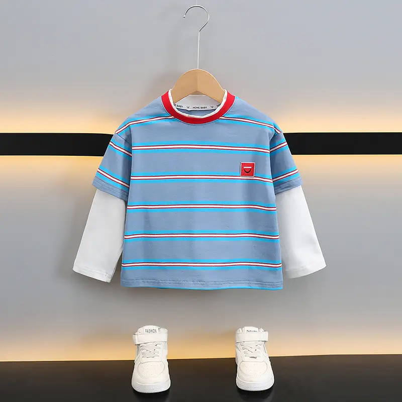 Boys Cotton Two Piece Striped T-Shirt Blue White